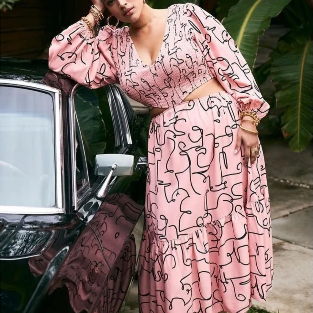 ELOQUII Pink Abstract Line Print Maxi Dress – Side Cut-Outs – Long Sleeve